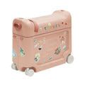 Coral pink kids BedBox ride-on suitcase with travel stickers, side handle, and wheels