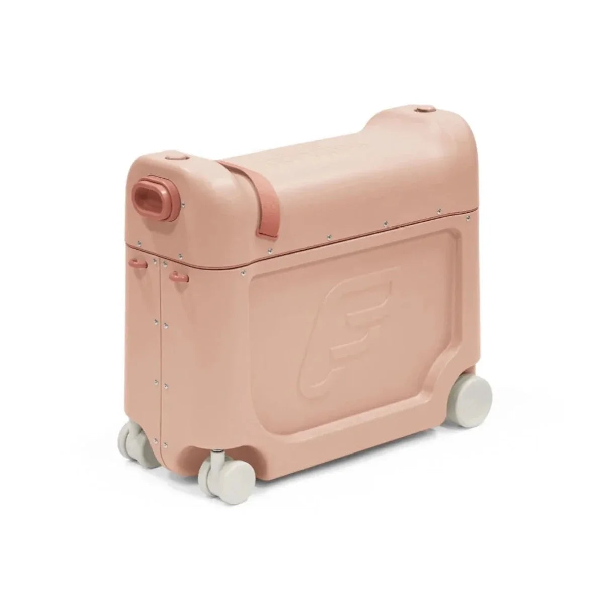 Coral pink BedBox ride-on suitcase side profile with built-in handle and rolling wheels