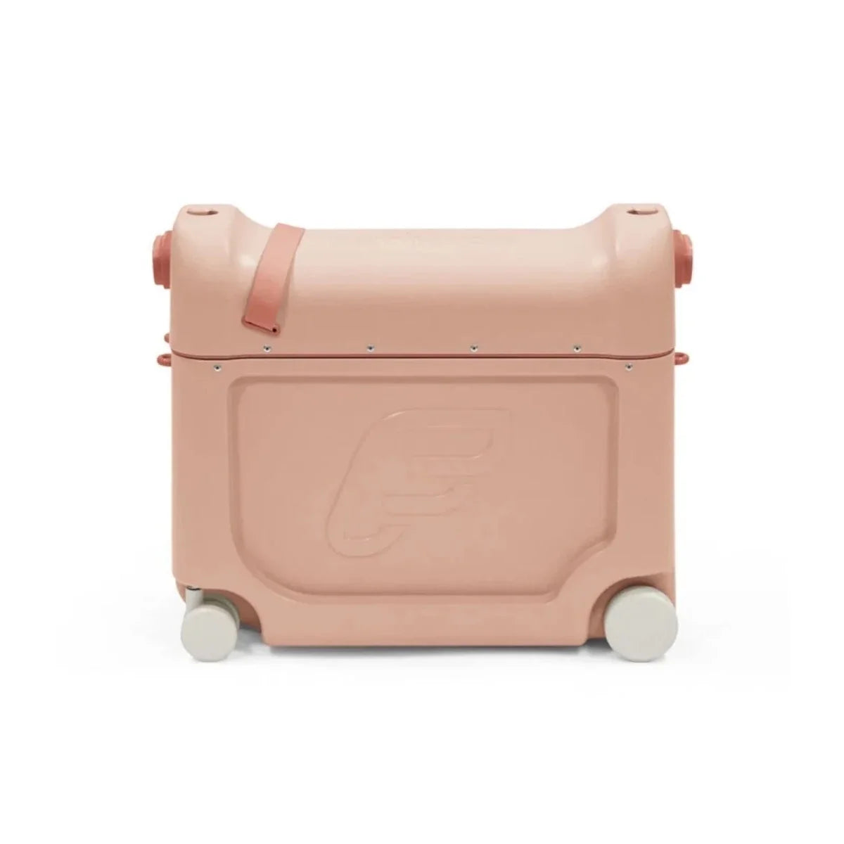 Coral pink BedBox ride-on suitcase front panel with recessed latch and rolling wheels