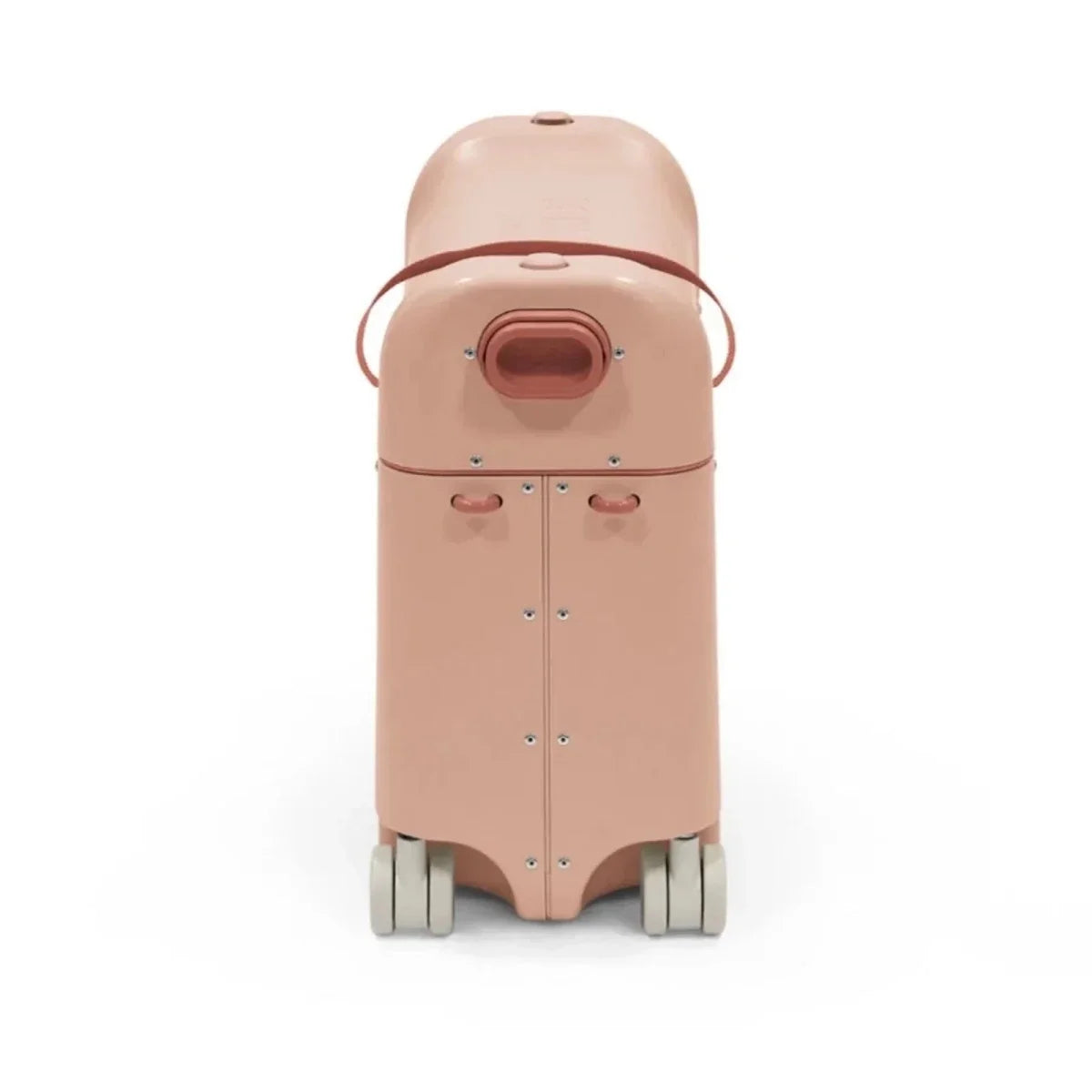 Coral pink BedBox ride-on suitcase back panel with rear handle and four rolling wheels