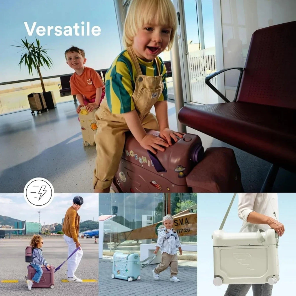 Kids BedBox luggage-style travel seat with attached tray and swiveling handle