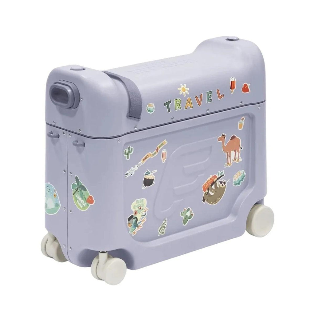 Kids travel bedbox in arctic blue with travel-themed stickers, front opening and rolling wheels