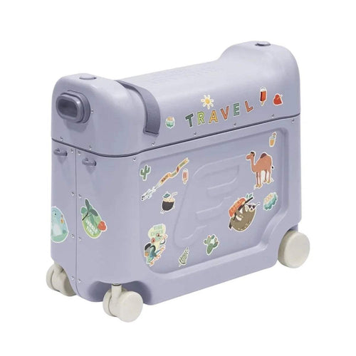 Kids travel bedbox in arctic blue with travel-themed stickers, front opening and rolling wheels