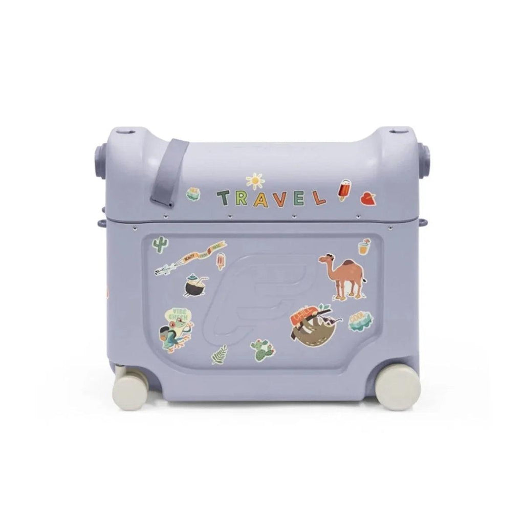 Kids travel bedbox in arctic blue with centered travel-themed window and rolling wheels