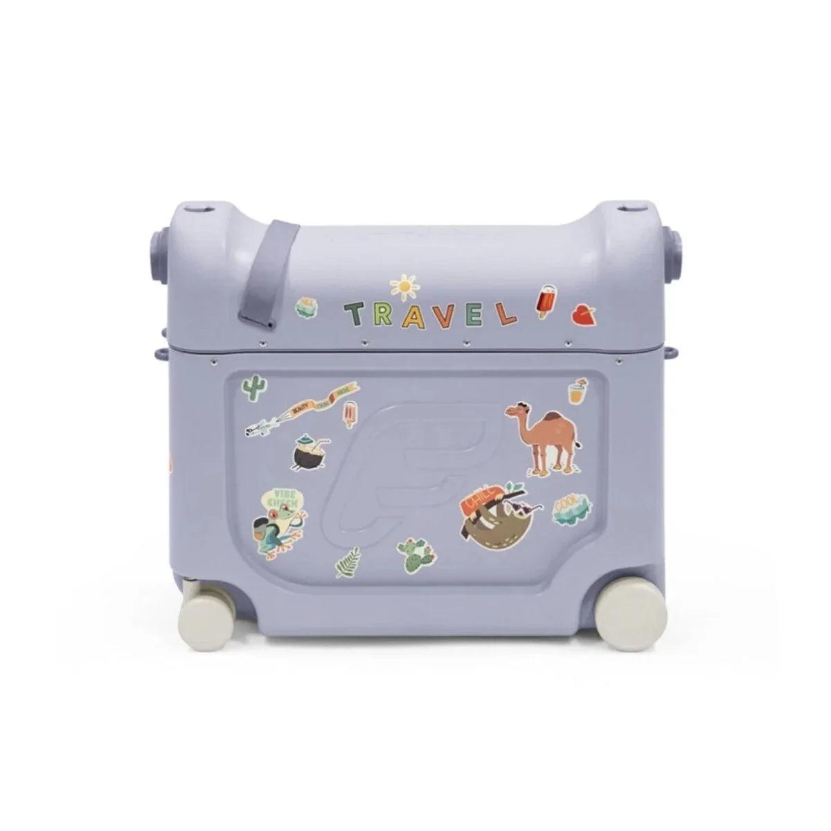Kids travel bedbox in arctic blue with centered travel-themed window and rolling wheels