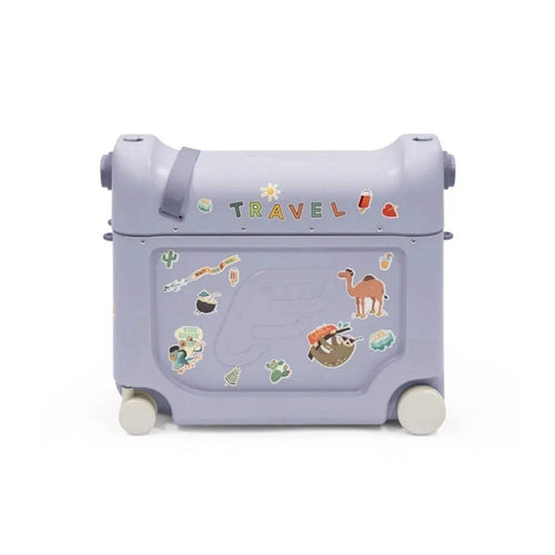 Kids travel bedbox in arctic blue with centered travel-themed window and rolling wheels