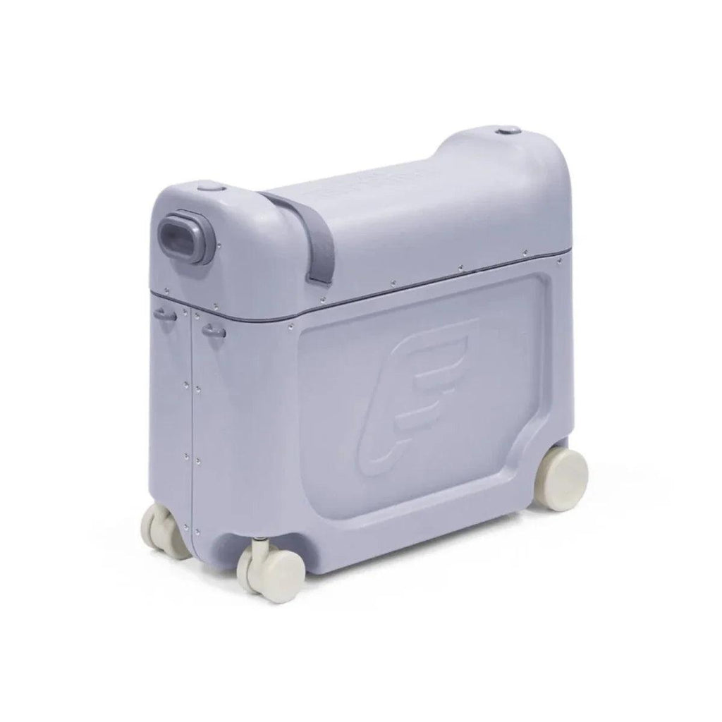 Kids travel bedbox in arctic blue, side view with front panel and rolling wheels