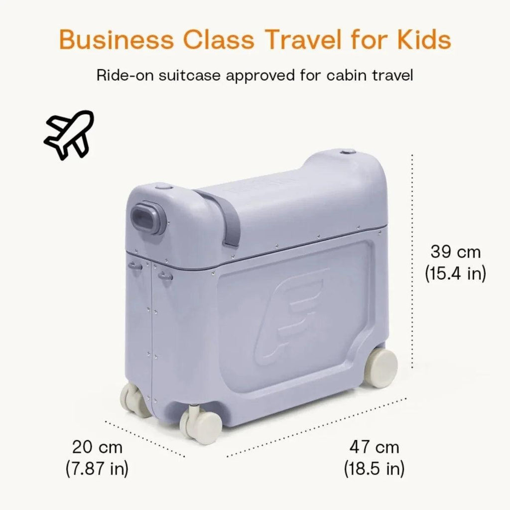 Kids travel bedbox in arctic blue shown with size measurement diagram and rolling wheels