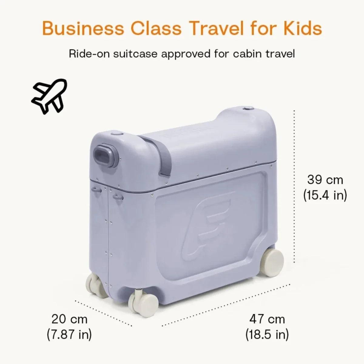 Kids travel bedbox in arctic blue shown with size measurement diagram and rolling wheels