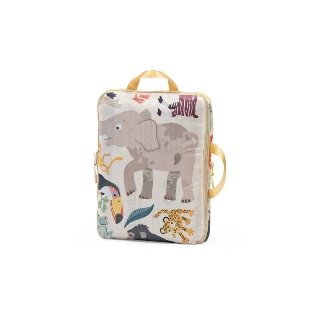 Kids travel bed in storage pouch with animal print cover and carry handle