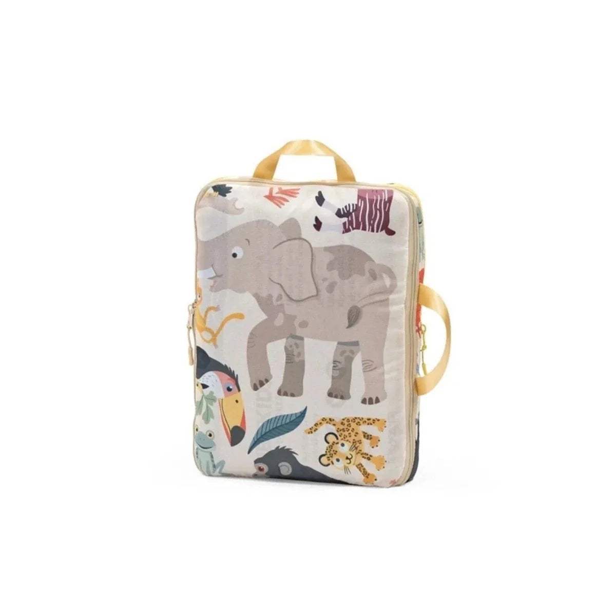 Kids travel bed in storage pouch with animal print cover and carry handle