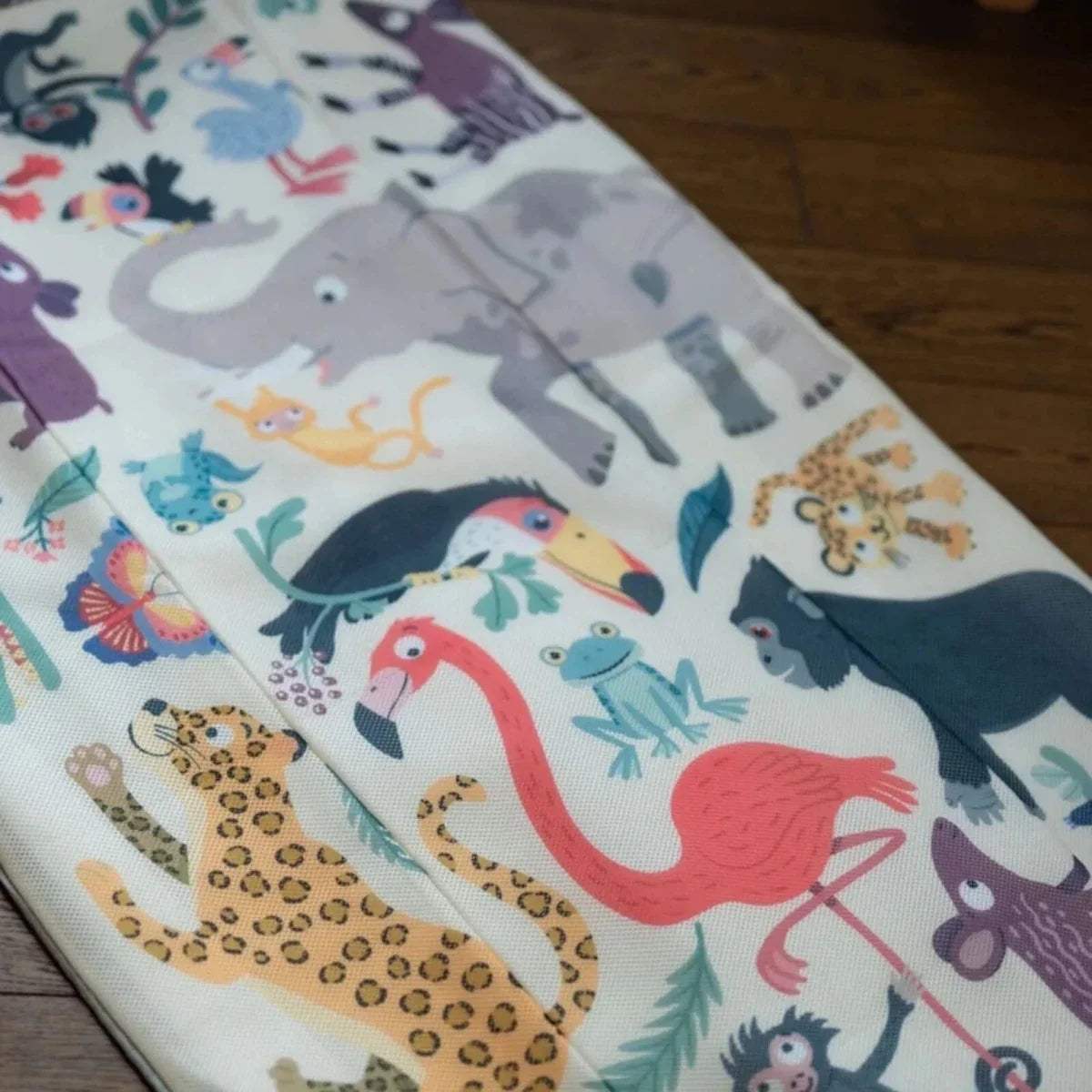 Top view of animal print inflatable kids travel bed mattress surface