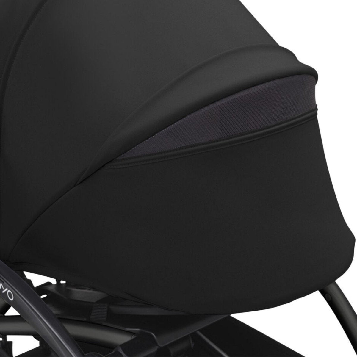 Black stroller side panel with zip seam detail along the edge
