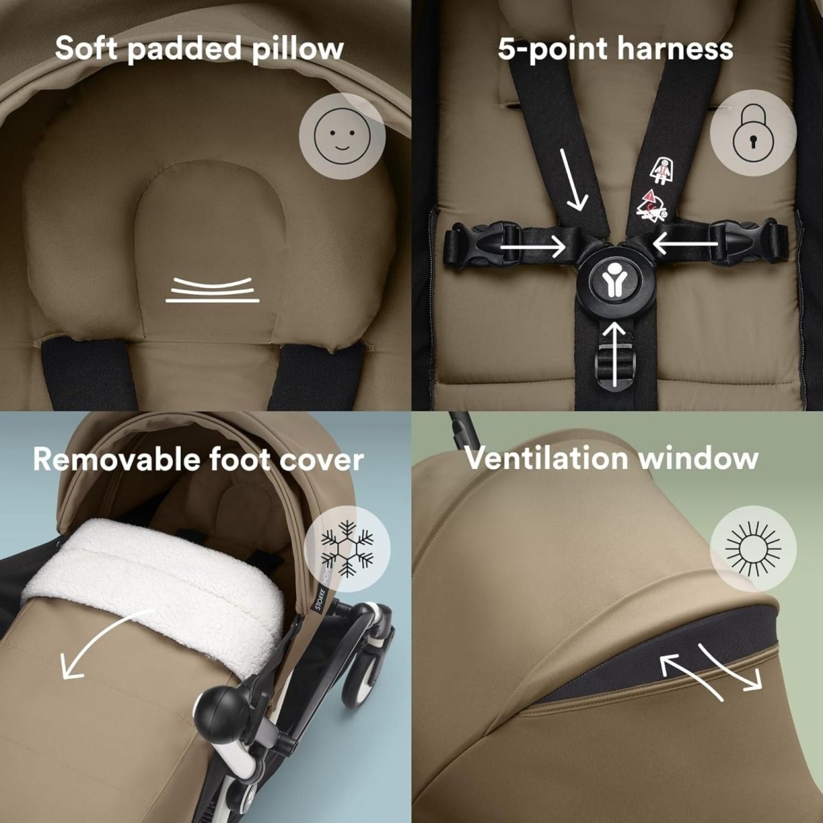 Cream padded newborn insert with soft pillow, foot cover, and 5-point harness