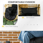 Thick black egg chair cushion with padded headrest and soft tufted padding