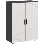 Small bathroom cabinet with two doors, dark bar handles, grey sides and white panels.