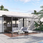 Grey wall gazebo canopy awning over patio area with metal frame and side posts.