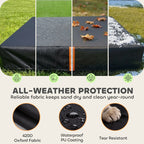 Black all-weather sandbox cover with orange reflective strip and elastic-fit edge