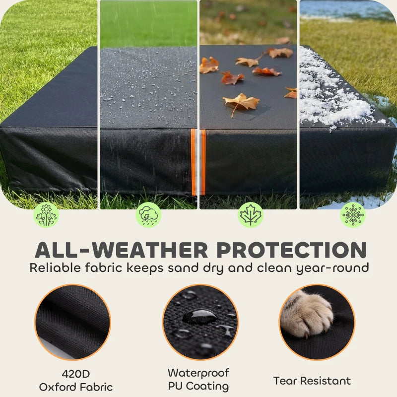 Black all-weather sandbox cover with orange reflective strip and elastic-fit edge