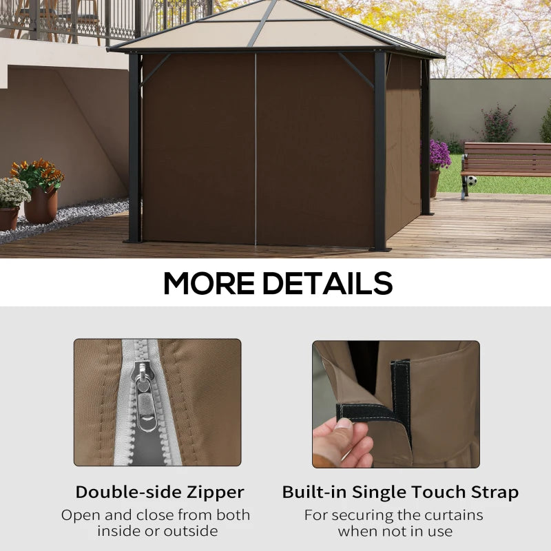 Dark brown gazebo privacy curtains with double-side zipper and securing strap
