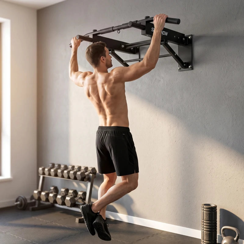 Wall-mounted pull-up bar with extended chin-up bar and two parallel hand grips