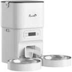 White automatic cat feeder with timed controls and two stainless steel food bowls
