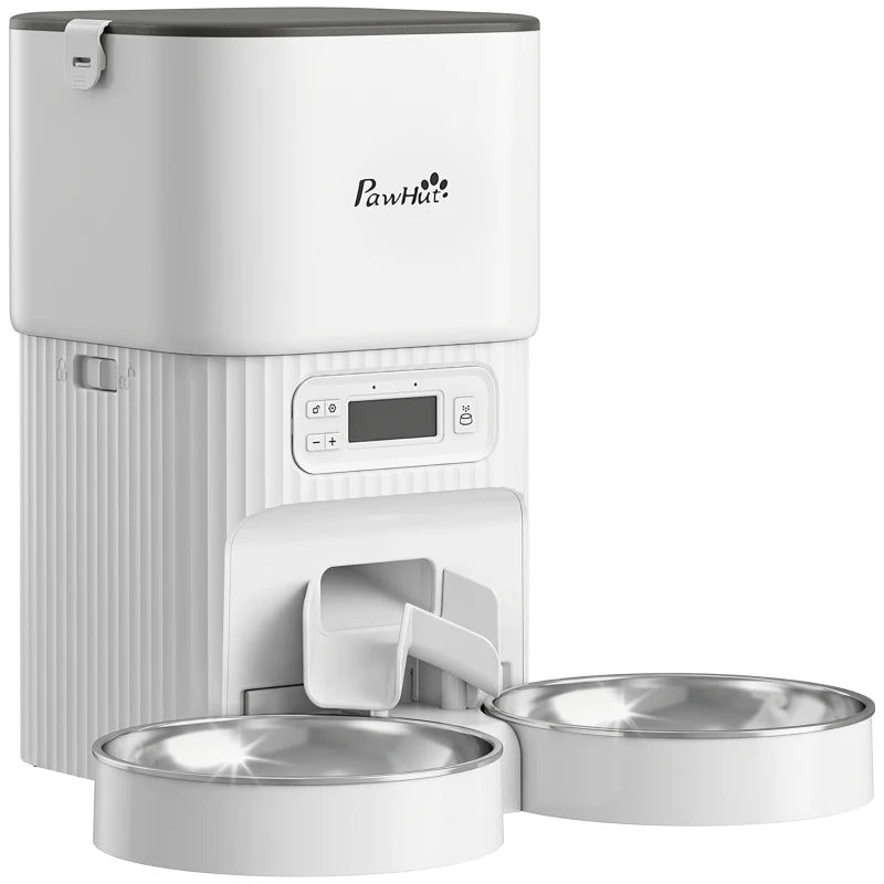 White automatic cat feeder with timed controls and two stainless steel food bowls