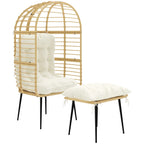 Beige rattan egg chair with white cushion and matching footstool, black legs