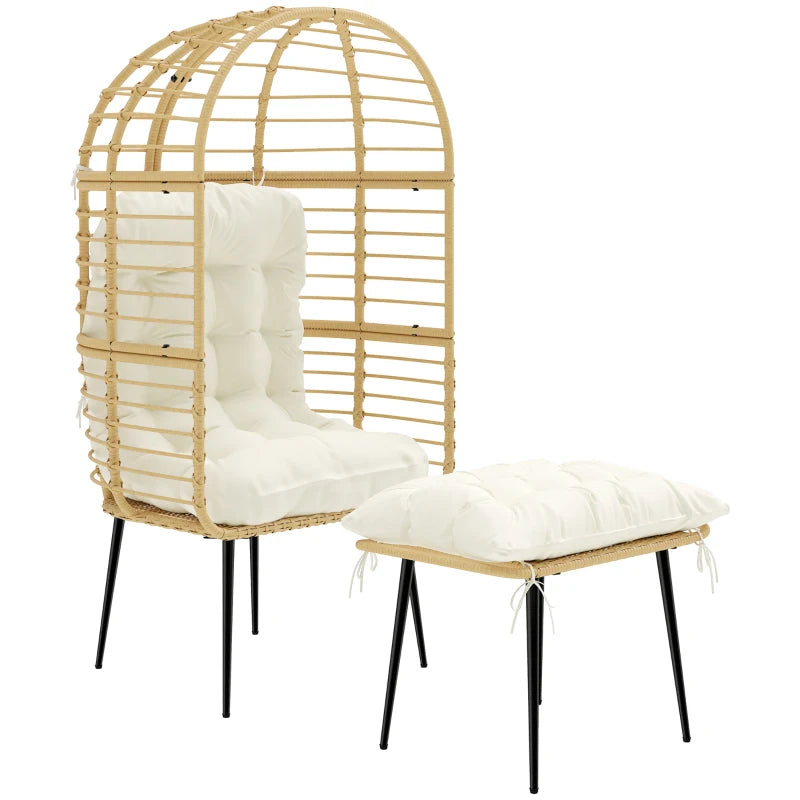 Beige rattan egg chair with white cushion and matching footstool, black legs