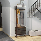Compact clothes rail with rustic brown frame, hanging rod, and grey drawer storage