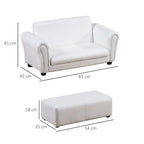 White toddler 2-seat sofa chair with ottoman, shown from front and side angles