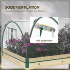 Raised planter greenhouse with clear PVC cover and roll-up window mechanism above potted plants