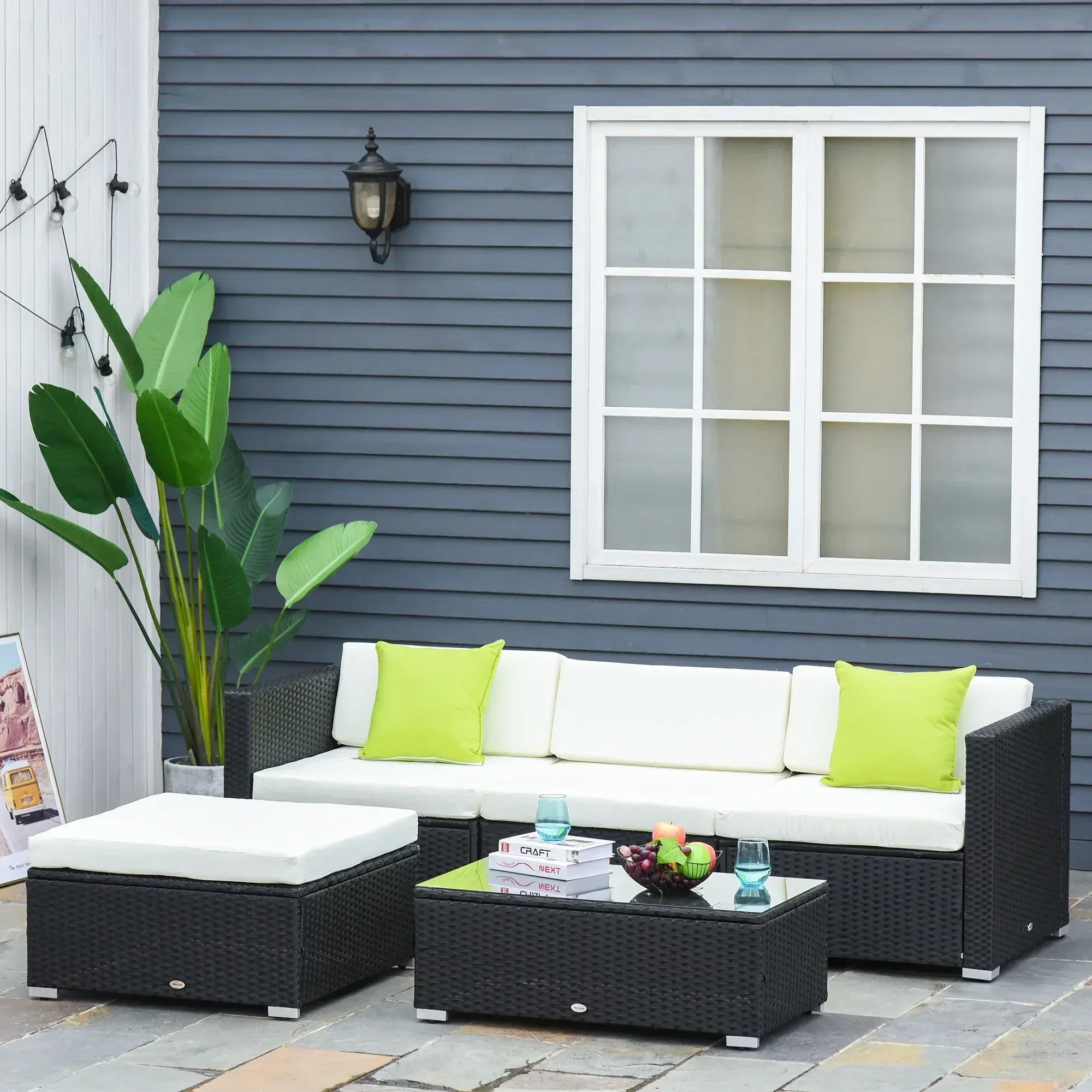 White Rattan Garden Furniture 4-Seater Outdoor Sofa Set with Coffee Table - White - Bobobiy