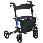 Blue rollator walker with black padded seat, backrest, and four swivel wheels