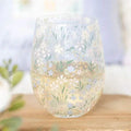 Stemless glass with pastel ditsy floral print and leaves on clear body