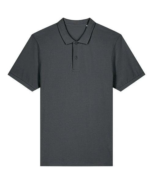 Men’s lightweight organic polo shirt in dark anthracite grey, short sleeves, button placket.