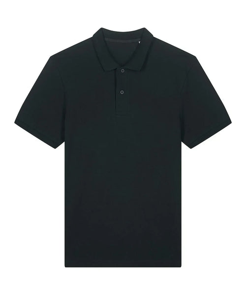 Men’s lightweight organic polo shirt in black, short sleeves, button placket and collar.