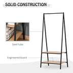 Black metal clothes rack with two wooden shelves and steel tube frame