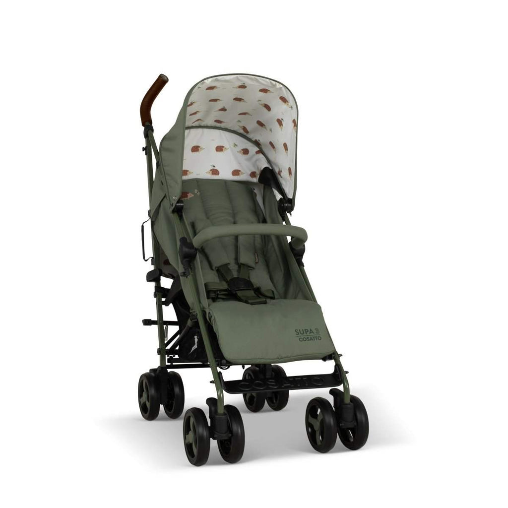 Front view of olive green stroller with cream hedgehog-print seat liner