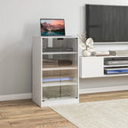 Corner view of white 4-tier hi-fi stand with clear glass doors and tiered shelves