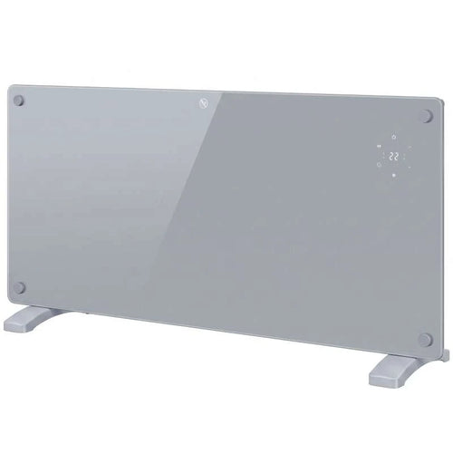 Grey electric panel heater with front control display and wall-mount brackets