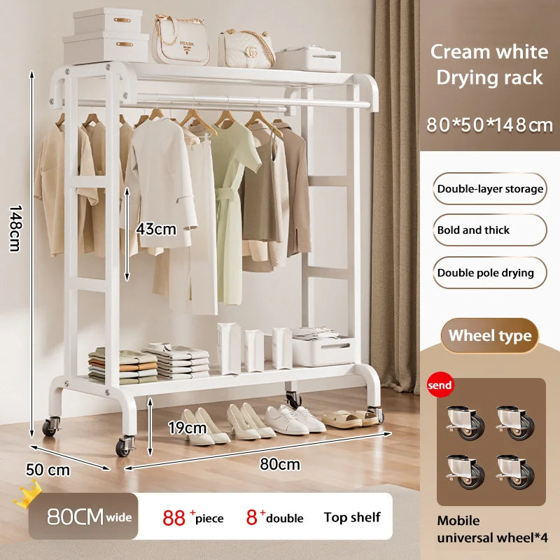 Movable Coat Rack With Universal Wheels Multifunctional Double-deck Simple Clothes Hanger Floor-Standing Bedroom Wardrobe