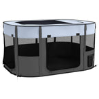 Grey foldable dog playpen with black mesh walls and zip door panels