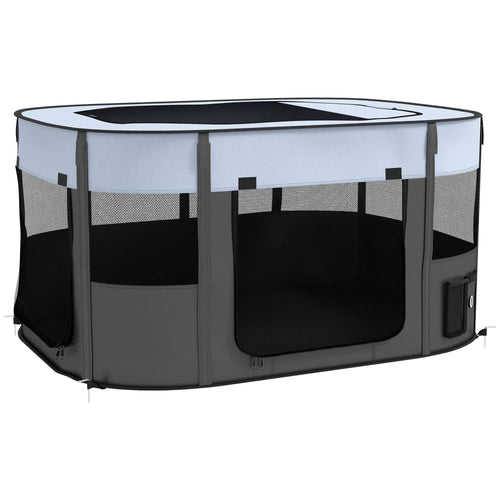 Grey foldable dog playpen with black mesh walls and zip door panels
