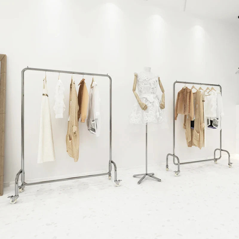 Floor-To-Ceiling Adjustable Stand Mobile Clothes Rail With Wheel Clothing Shop Stainless Steel Display Rack