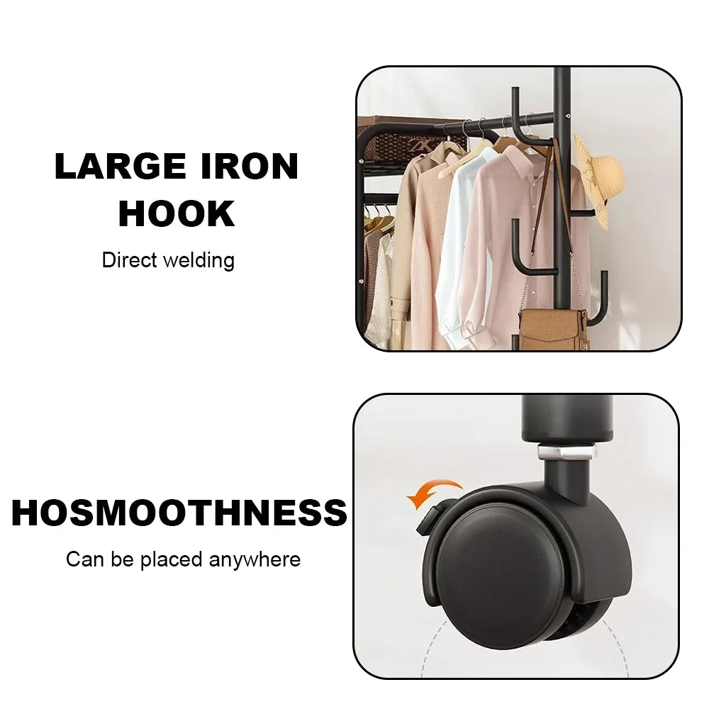 Coat Rack Movable Double Tier - Floor Standing Clothes Rail with Wheels for Bedroom Storage