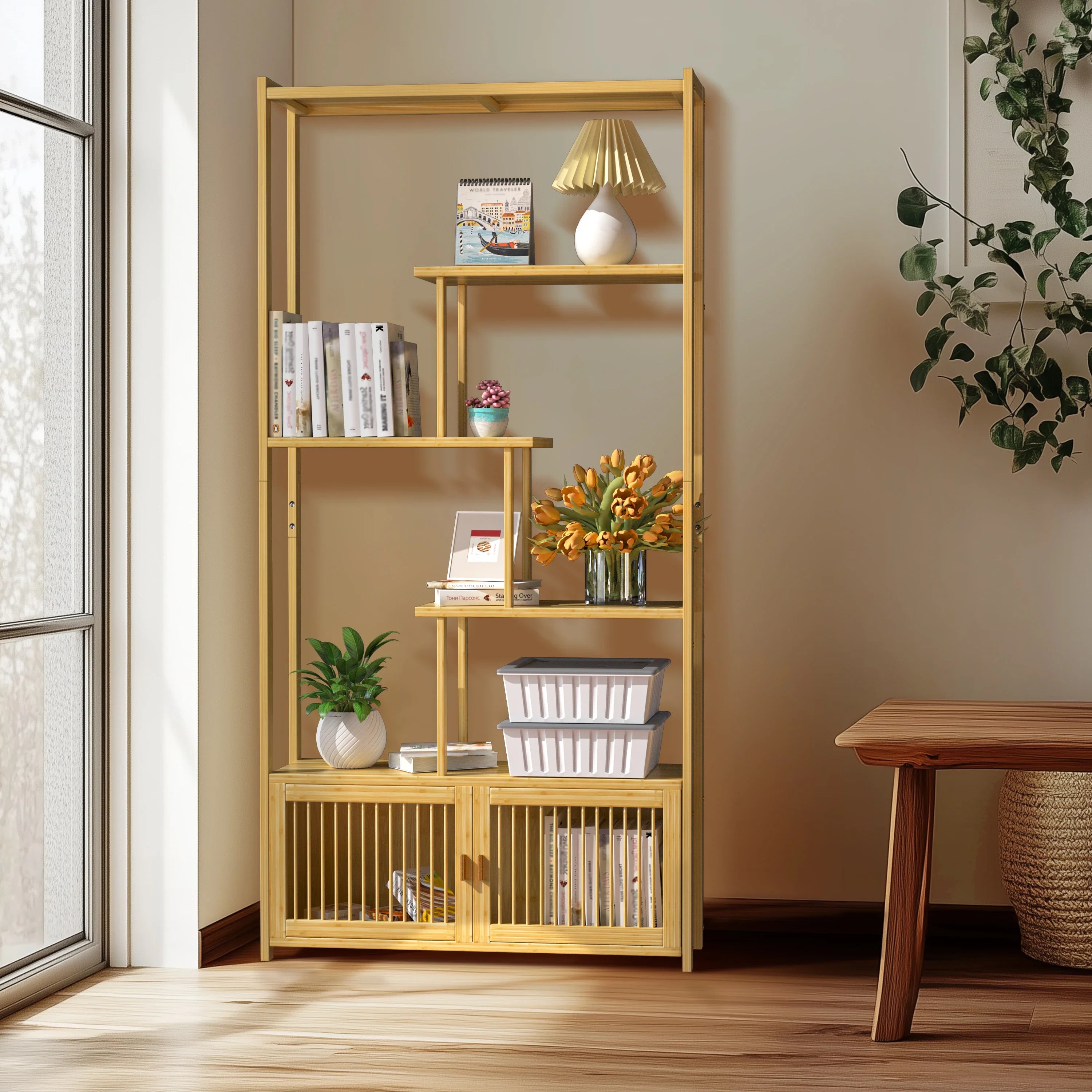 Bamboo Storage Rack Shelving Unit with High and Low Shelves Bookshelf Plant Stand for Home Organization Shelf
