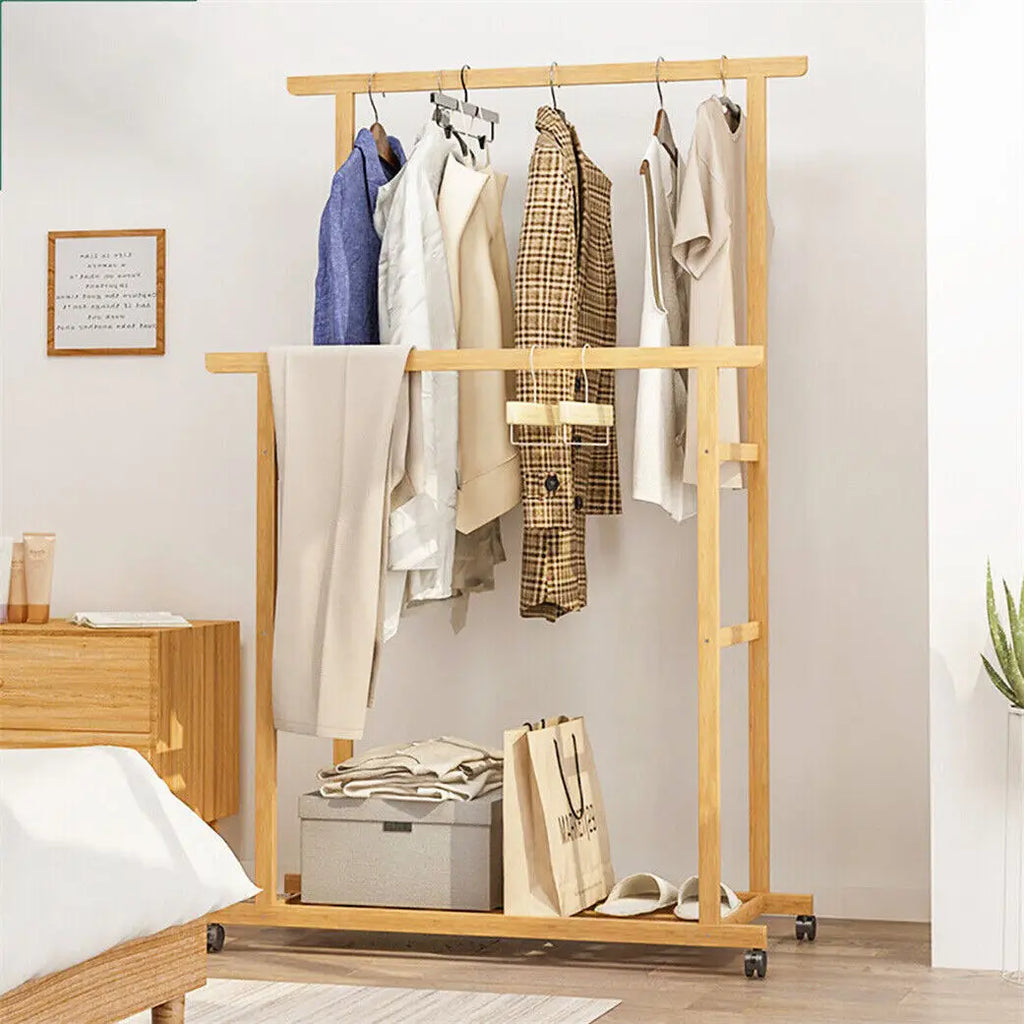 Double Layer Garment Hanging Display Stand Rack, Clothes Rail with Rolling Wheel, Heavy Duty, Wardrobe
