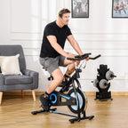 Black indoor cycling bike with blue wheel accents, adjustable seat, base stabilizers