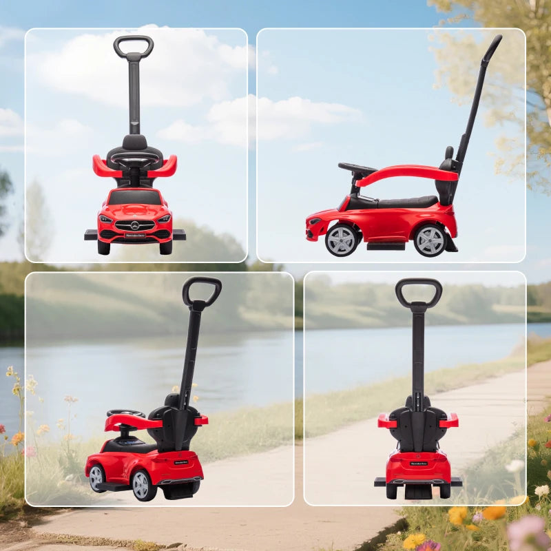 Red Mercedes-Benz ride-on push car shown from multiple angles with tall handlebar